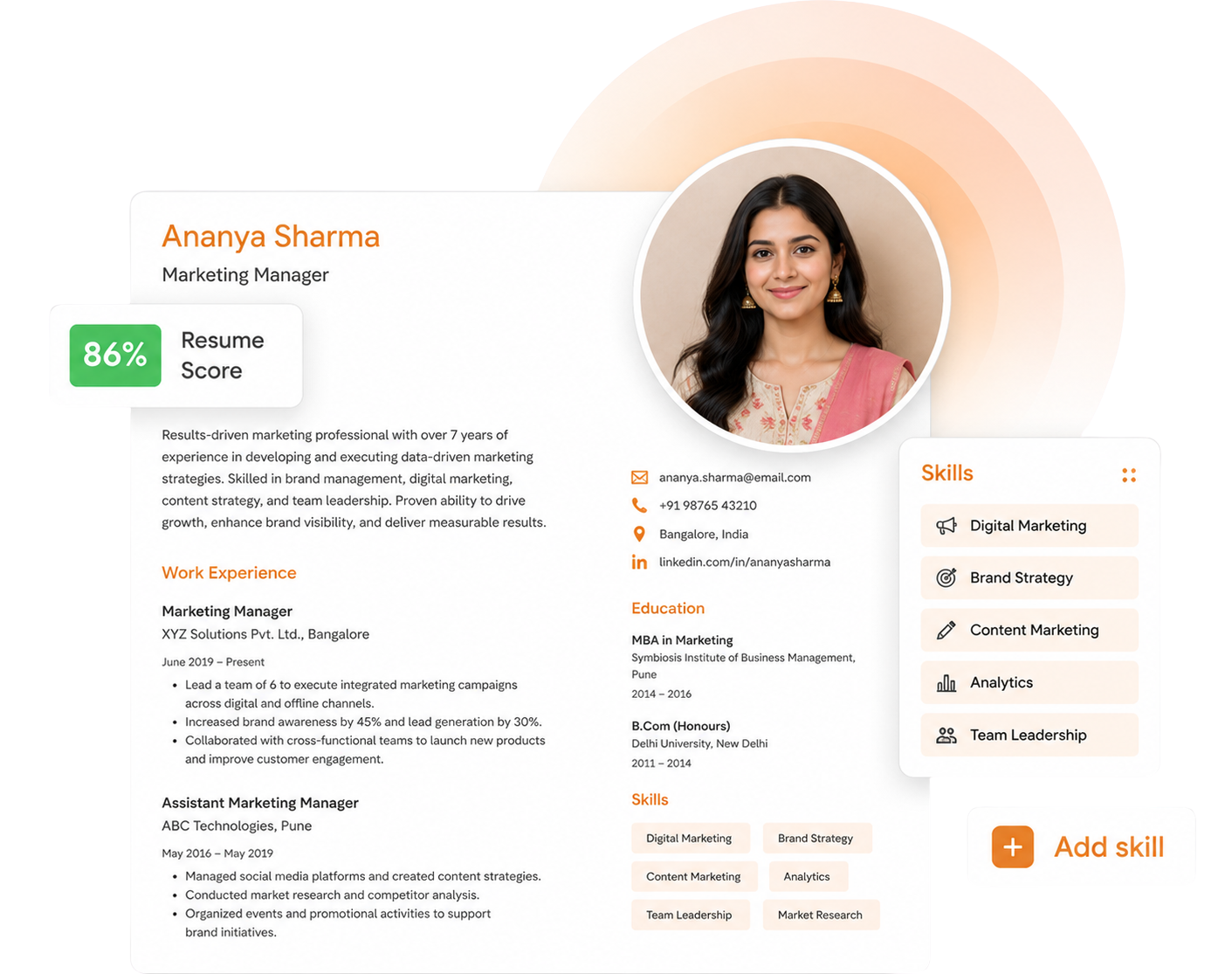 A finished Resumore resume for a marketing manager, showing a resume score of 86 percent and a skills panel.