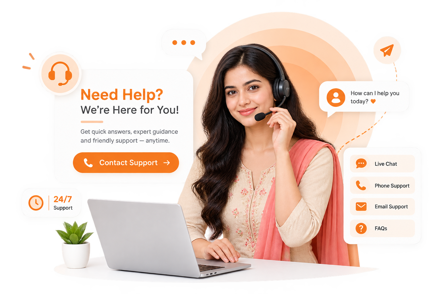 A Resumore support writer wearing a headset at her laptop, ready to take your call.